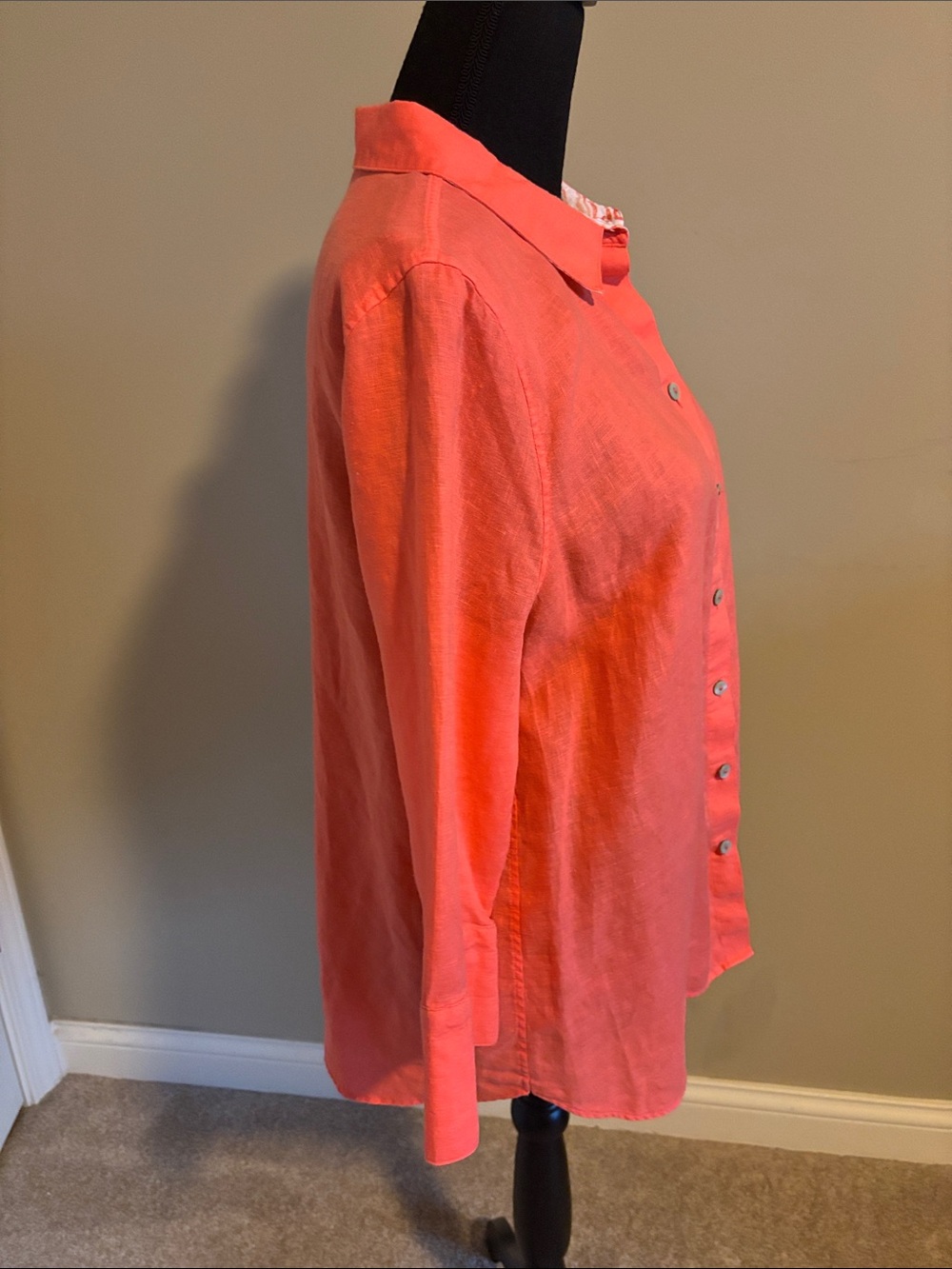 Chico’s Coral Button-Up Linen Shirt with Patterned Placket No Iron.  Size 1.5/M - Picture 6 of 12